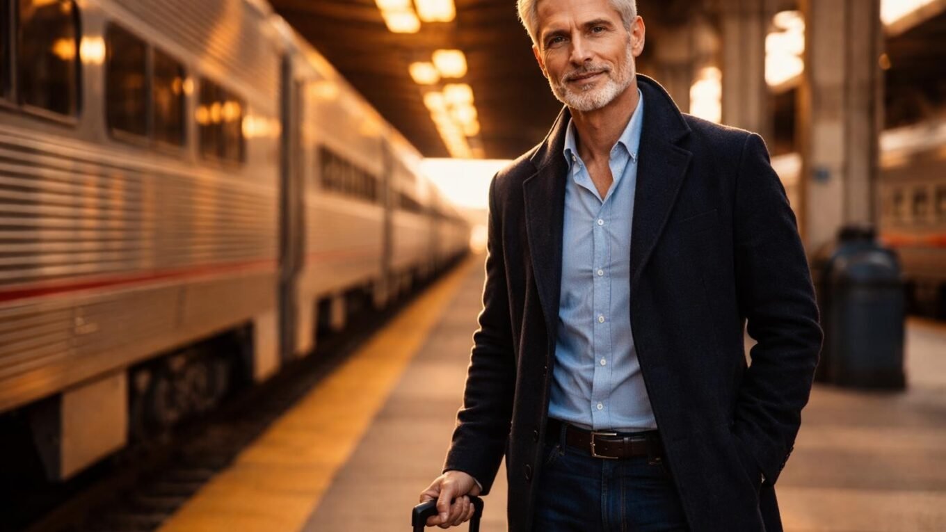 Handsome widower in his late fifties with thick silver hair, a short silver beard and kind gray eyes standing on the platform at Chicago Union Station beside a silver passenger train at golden hour