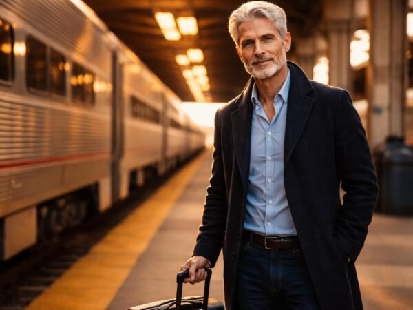 Handsome widower in his late fifties with thick silver hair, a short silver beard and kind gray eyes standing on the platform at Chicago Union Station beside a silver passenger train at golden hour