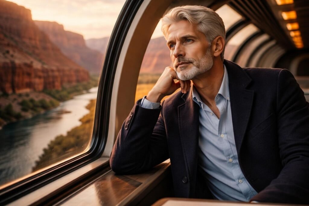 Man sitting in the glass observation car of a train, looking out at red canyon walls and a river