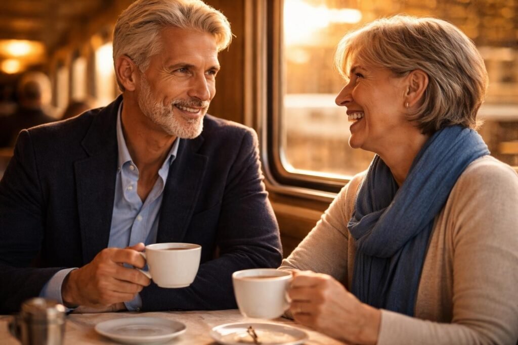 Man and a woman with short silver hair sitting across from each other in the train dining car, laughing over coffee