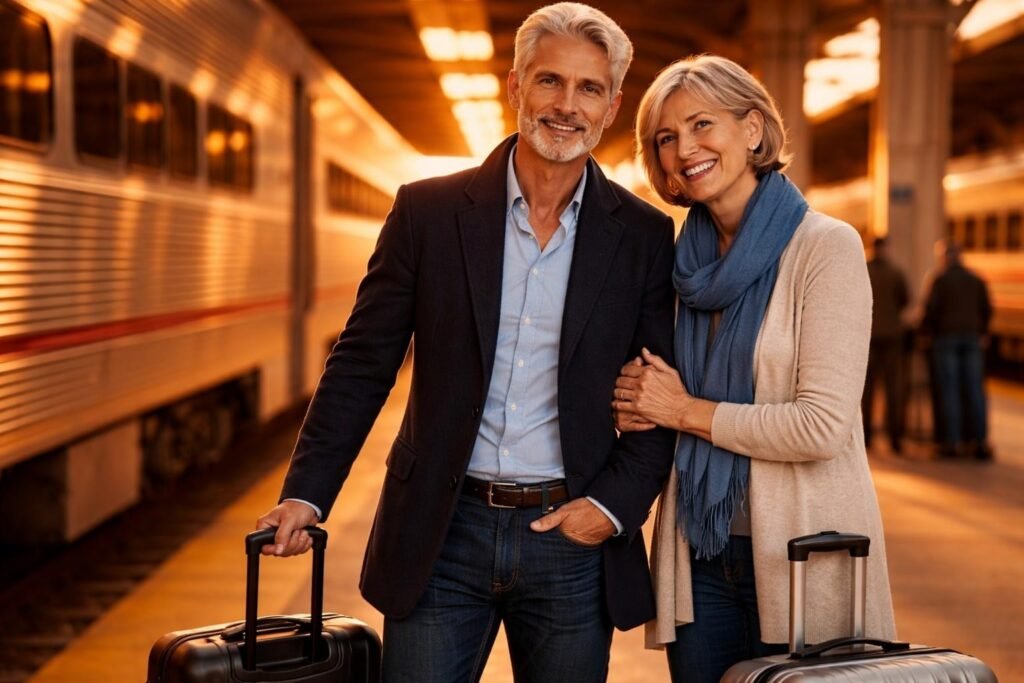 Man and the woman standing side by side on a platform in Emeryville California at sunset, suitcases at their feet