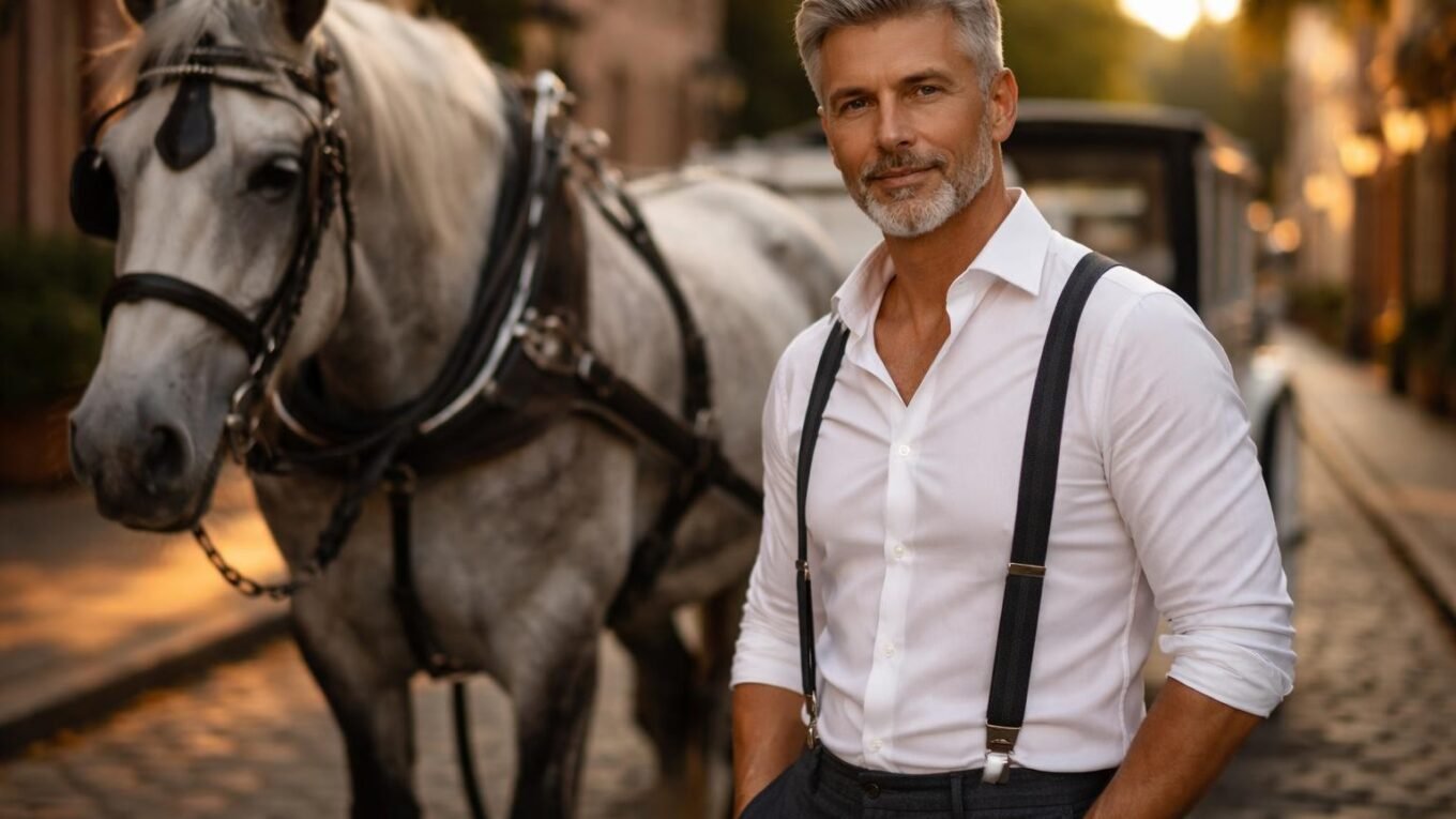 Handsome carriage driver in his fifty years with silver hair, a short silver beard and warm hazel eyes wearing a white shirt and suspenders beside a big gray draft horse on a cobblestone street in Charleston at golden hour