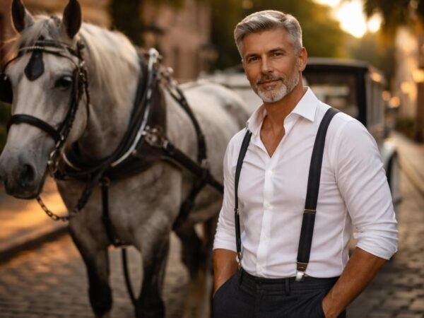 Handsome carriage driver in his fifty years with silver hair, a short silver beard and warm hazel eyes wearing a white shirt and suspenders beside a big gray draft horse on a cobblestone street in Charleston at golden hour