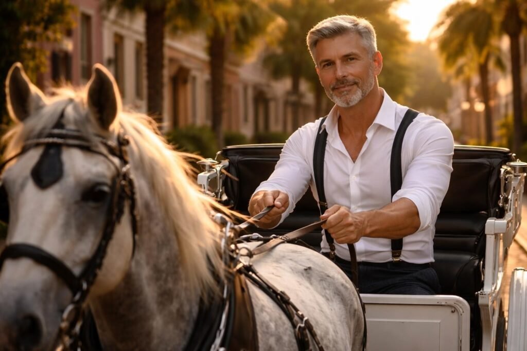 Carriage driver driving a white horse-drawn carriage down a quiet street lined with palmettos and colorful old houses in early morning light