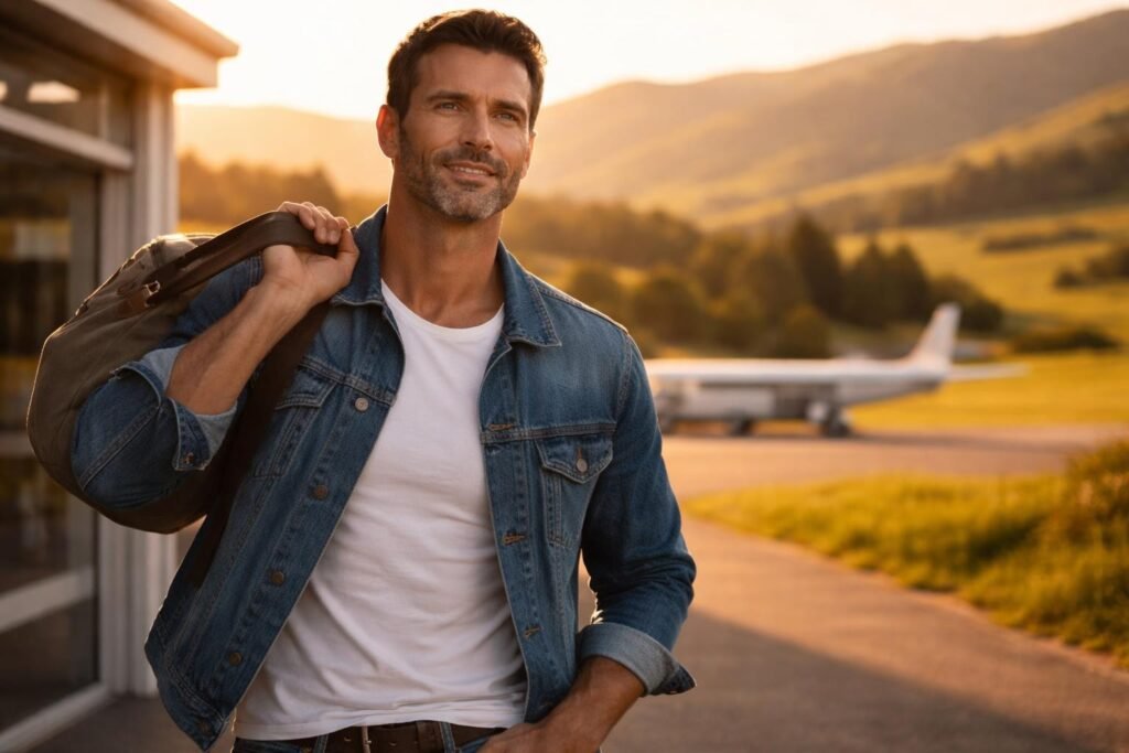 Rancher stepping off a plane in New Zealand with a duffel bag, green hills in the background