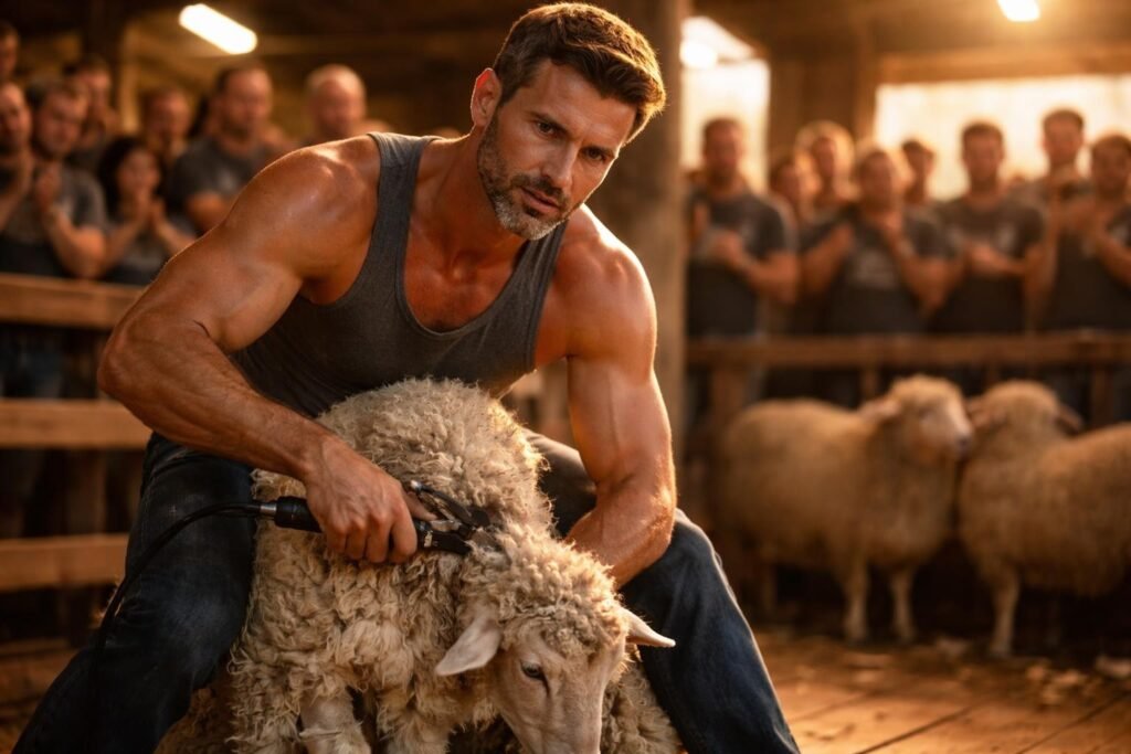 Shearer competing on a wooden stage in a crowded shearing shed in New Zealand, focused, holding a sheep