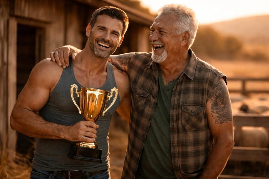 Rancher holding a golden trophy outside the shearing shed at sunset, grinning, with a Maori friend beside him