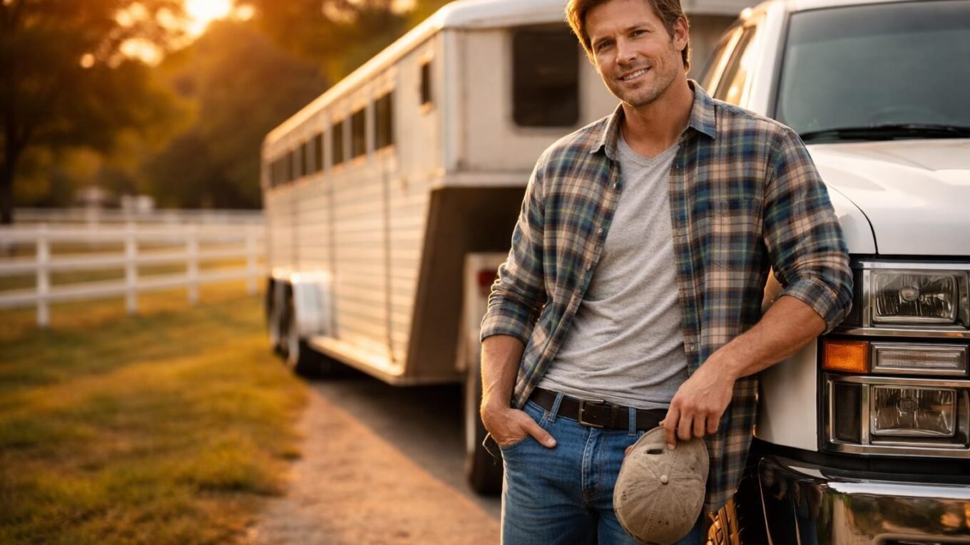 Handsome bachelor horse transporter in his mid forties with sandy brown hair, light stubble and green eyes leaning against a big horse trailer at a Kentucky horse farm at golden hour