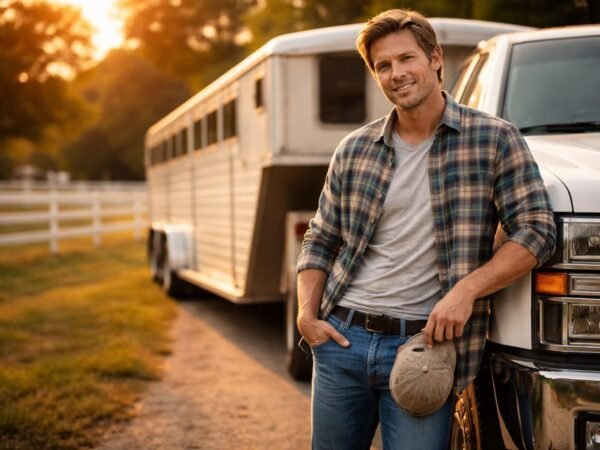 Handsome bachelor horse transporter in his mid forties with sandy brown hair, light stubble and green eyes leaning against a big horse trailer at a Kentucky horse farm at golden hour