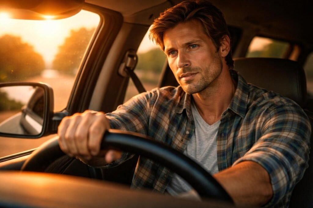 Horse transporter driving a truck with a horse trailer on a highway at dawn, one hand on the wheel