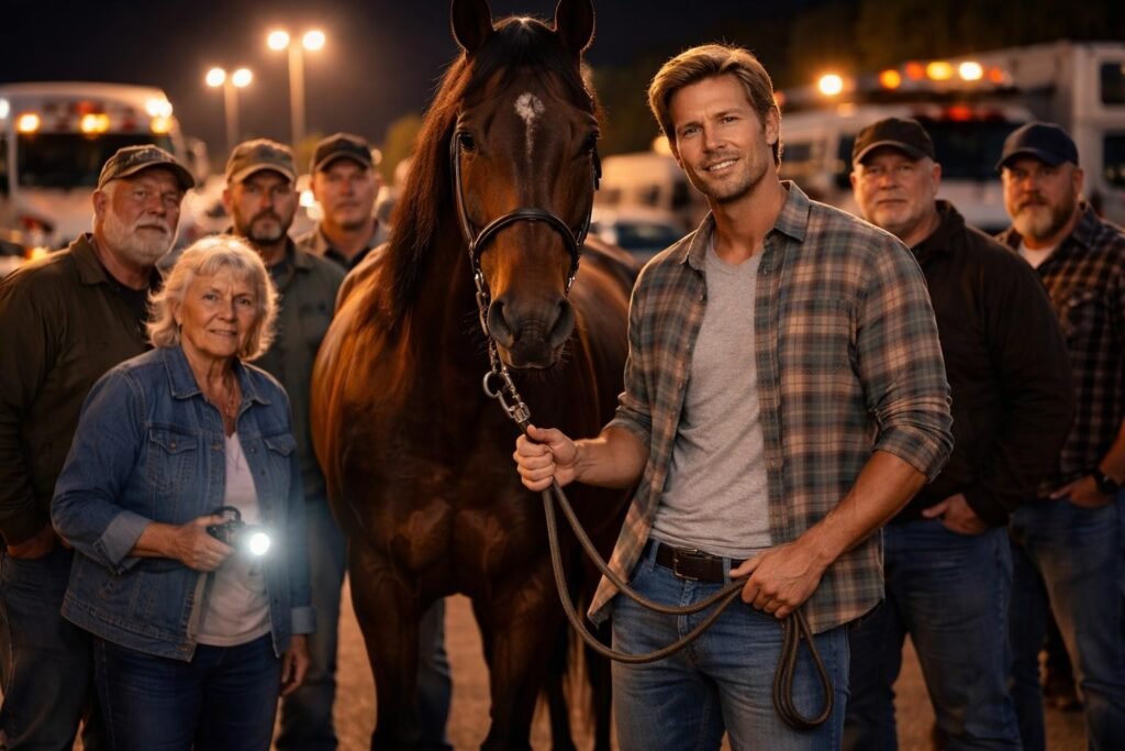 Horse transporter standing in a truck stop parking lot at night holding the lead rope of a tall dark bay racehorse