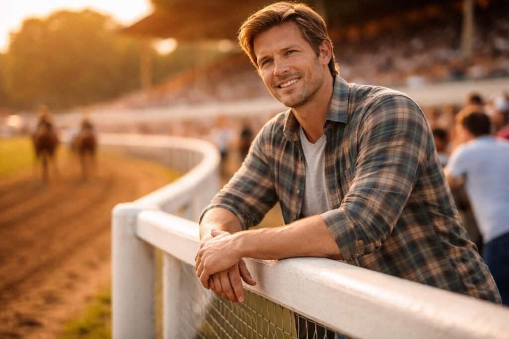 Horse transporter watching a horse race from the rail at Saratoga, a smile on his face, the crowd behind him