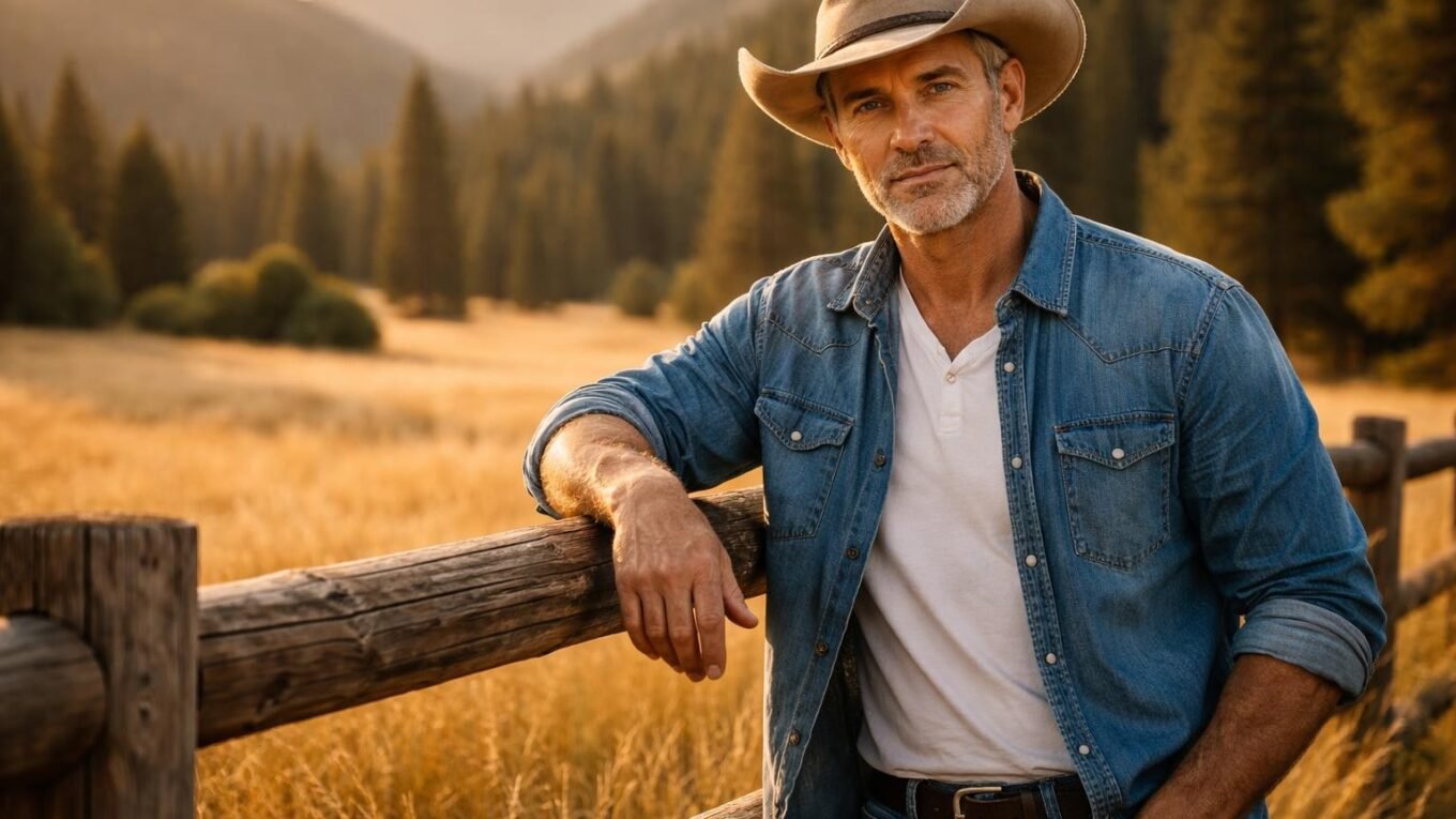 Handsome rancher in his early fifties with short salt-and-pepper hair, light stubble and blue eyes standing by a wooden fence in the Sierra Nevada foothills at golden hour