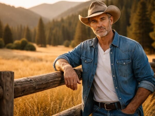 Handsome rancher in his early fifties with short salt-and-pepper hair, light stubble and blue eyes standing by a wooden fence in the Sierra Nevada foothills at golden hour