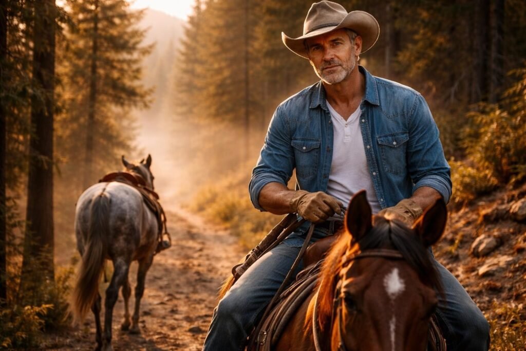 Rancher riding a bay horse up a mountain trail following a riderless gray horse through pine forest