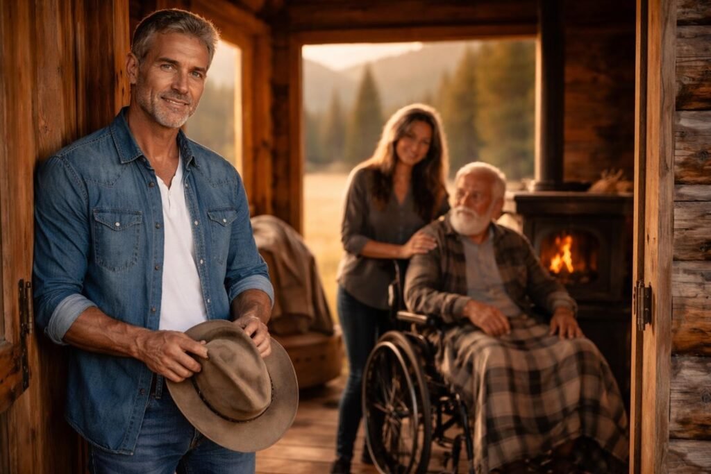 Rancher standing at the door of a small mountain cabin, holding his hat, facing an elderly man in a wheelchair