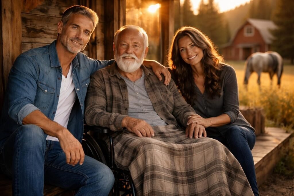 Rancher sitting on the porch of a hospice house in the foothills beside an old man, a gray horse grazing nearby at sunset