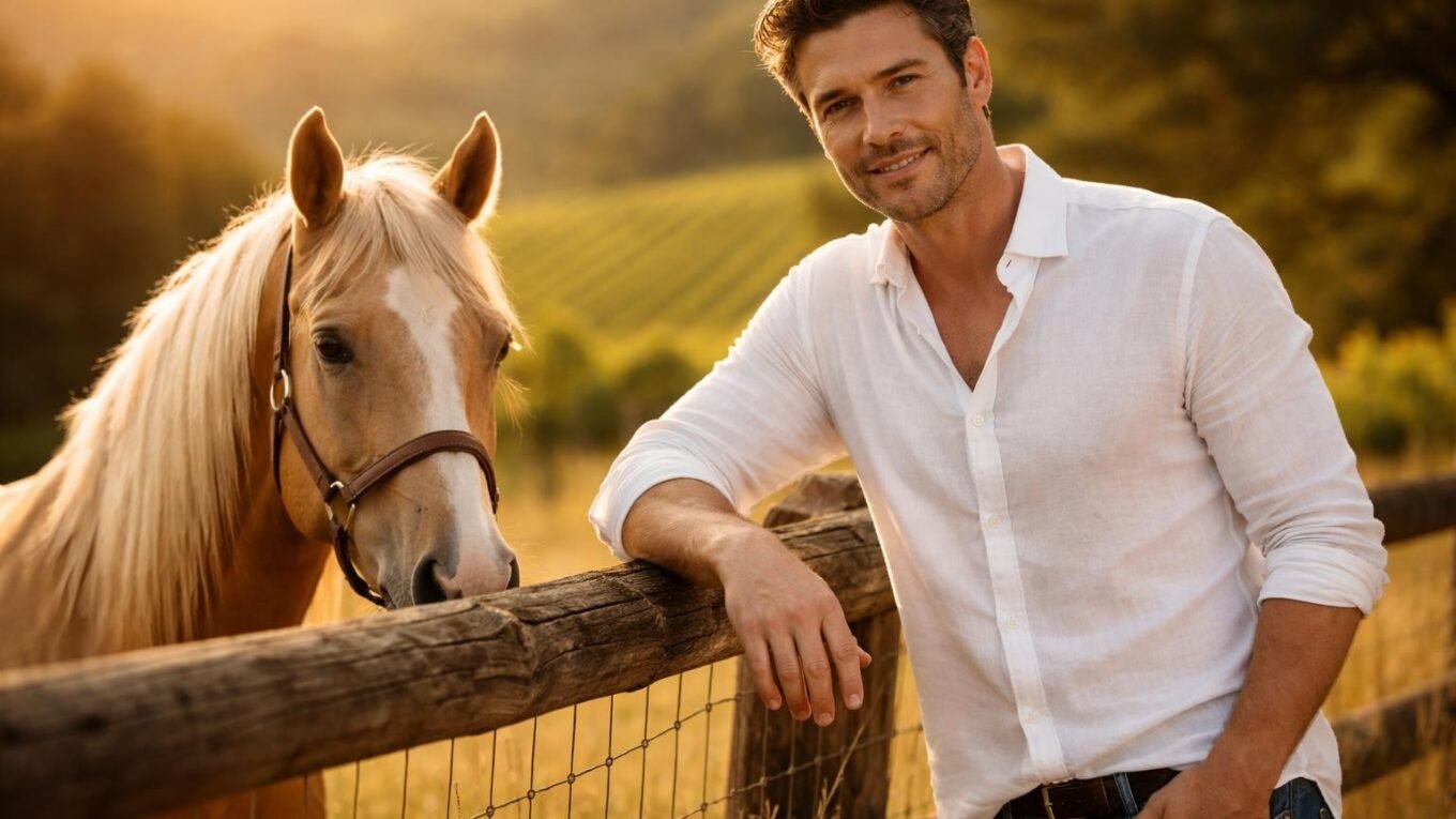 Handsome bachelor rancher in his late forties with dark wavy hair, light stubble and hazel eyes leaning on a wooden fence next to a palomino horse among Sonoma vineyards at golden hour