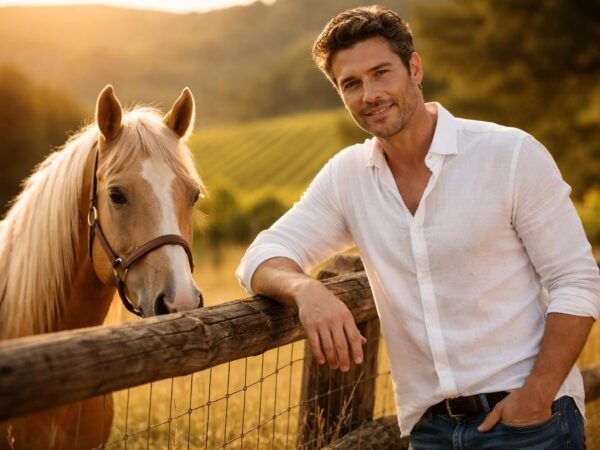Handsome bachelor rancher in his late forties with dark wavy hair, light stubble and hazel eyes leaning on a wooden fence next to a palomino horse among Sonoma vineyards at golden hour