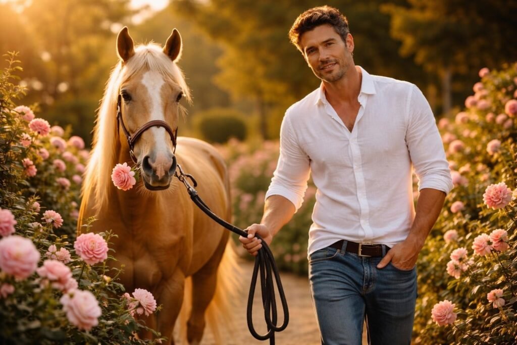 Rancher walking into an elegant rose garden holding a lead rope, a palomino horse standing among the roses
