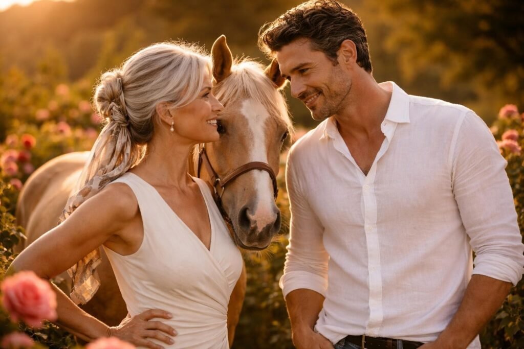 Rancher and an elegant silver-haired woman in a silk scarf standing face to face in her garden, she with her hands on her hips