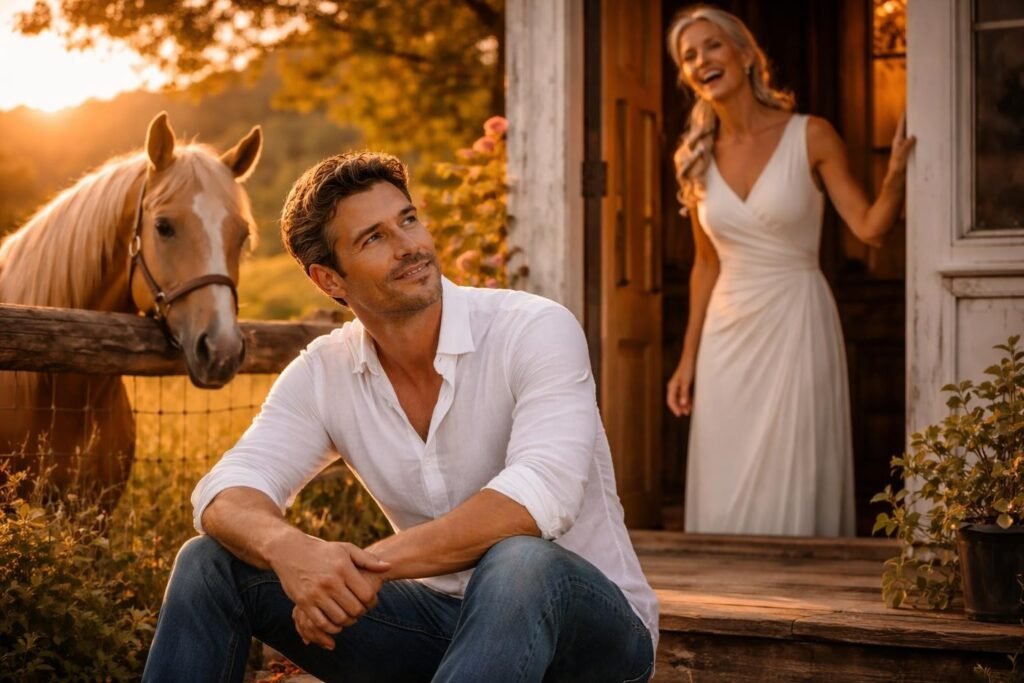 Rancher sitting on the porch steps of an old farmhouse at sunset listening while the woman sings, the palomino horse resting his head over the fence