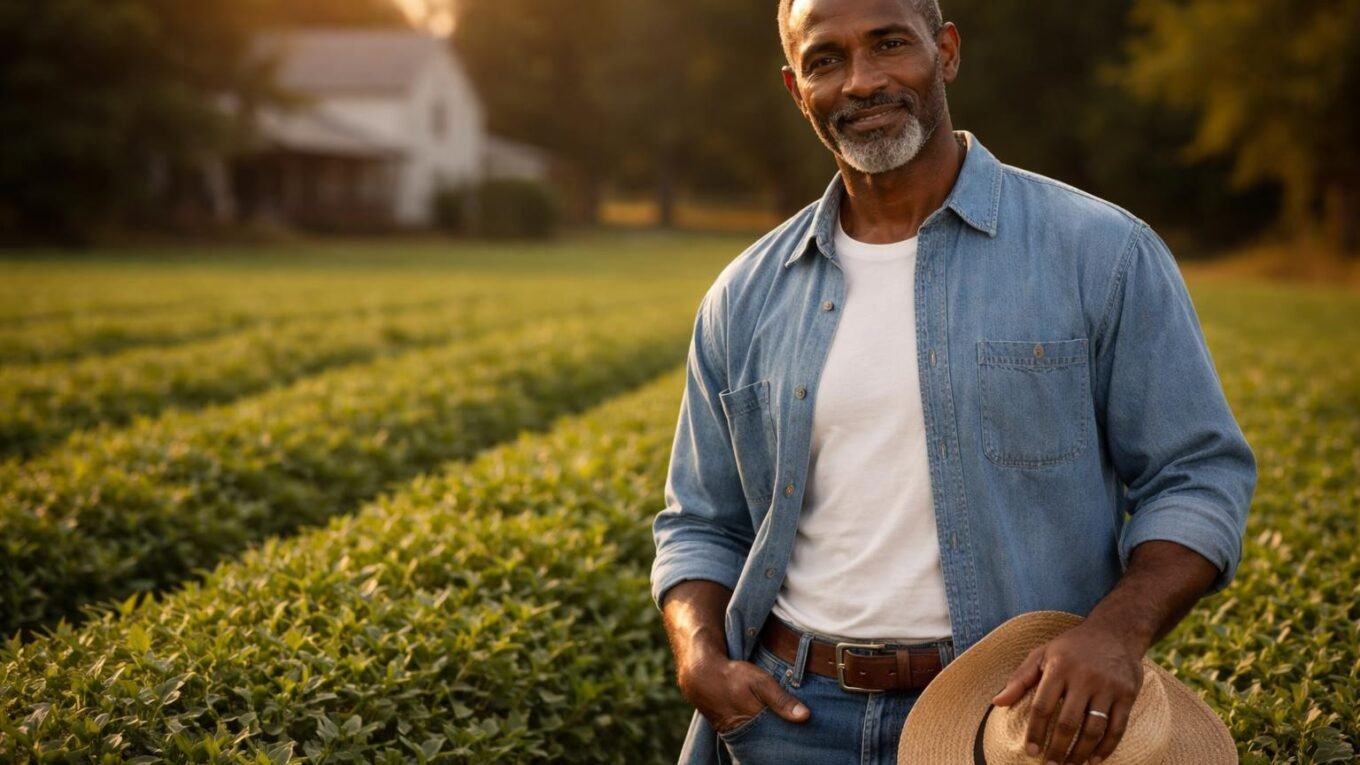 Handsome African American farmer in his fifties with short graying hair and a neat gray beard standing in a peanut field in Alabama at golden hour