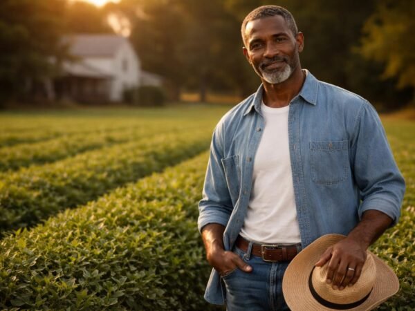 Handsome African American farmer in his fifties with short graying hair and a neat gray beard standing in a peanut field in Alabama at golden hour