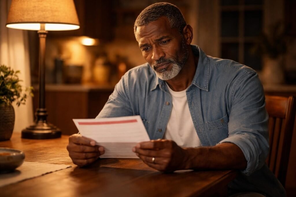 Farmer sitting at a kitchen table at night holding a letter, looking worried, a lamp beside him