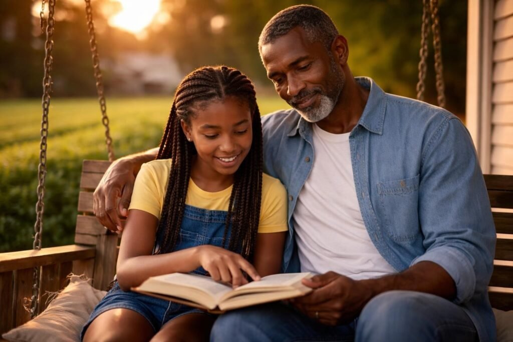 Farmer and his teenage granddaughter sitting together on a porch swing with a children's book, sunset over the fields