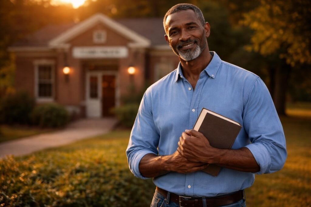 Farmer standing in front of a small rural library with a book in his hand, smiling, wearing a pressed blue shirt