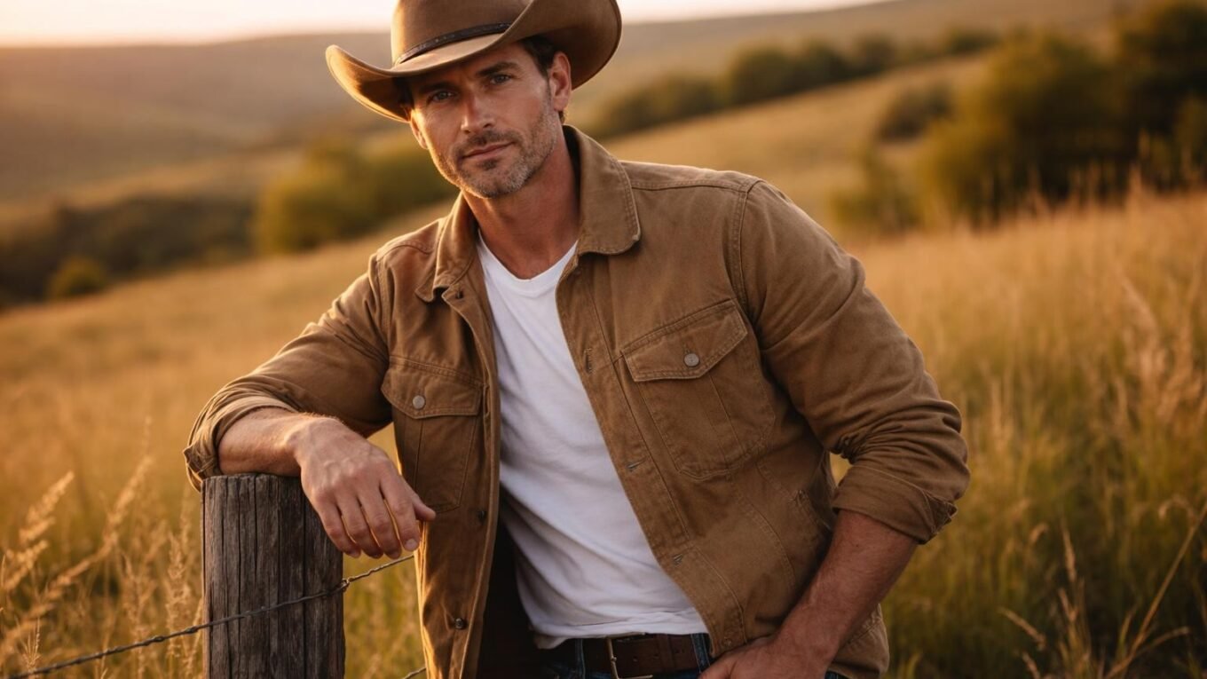 Handsome rancher in his late forties with dark blond hair, light stubble and blue eyes standing in tallgrass prairie hills of the Kansas Flint Hills at golden hour, leaning on a fence post