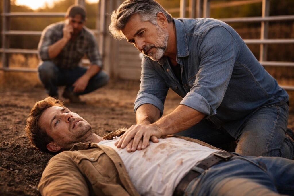 Rancher lying on the ground in a cattle pen while the Syrian man kneels beside him, pressing on his chest, calm and focused
