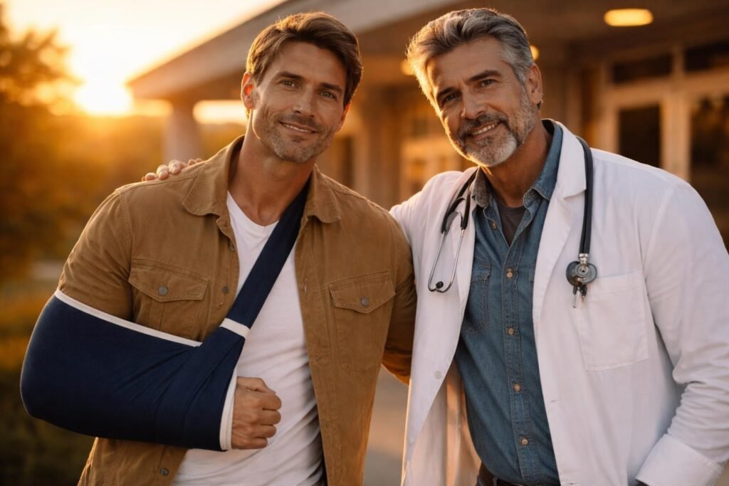 Rancher with his arm in a sling and the Syrian man in a white doctor's coat standing together outside a small rural hospital at sunset, smiling