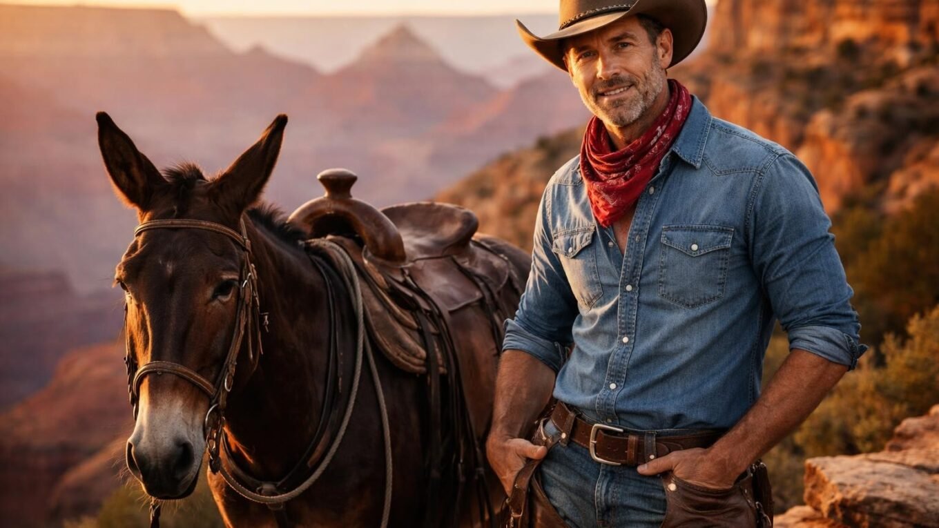 Handsome mule packer in his late forties with sun-lined face, light brown hair, short beard and blue eyes standing beside a brown mule at the rim of the Grand Canyon at golden hour