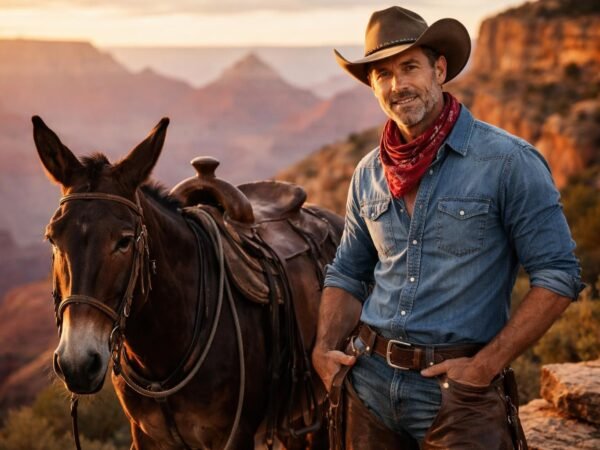 Handsome mule packer in his late forties with sun-lined face, light brown hair, short beard and blue eyes standing beside a brown mule at the rim of the Grand Canyon at golden hour