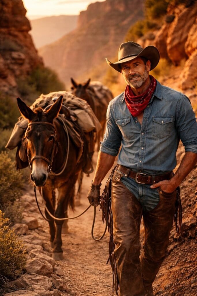 Mule packer leading a string of mules down a narrow switchback trail inside the Grand Canyon