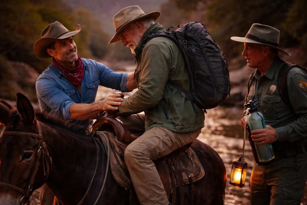 Mule packer helping a pale older hiker onto the back of a mule by a creek at the bottom of the canyon at dusk