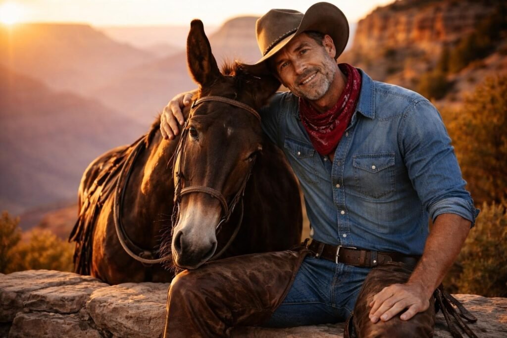 Mule packer sitting on a stone wall at the South Rim at dawn with his arm around the neck of his mule, exhausted and smiling