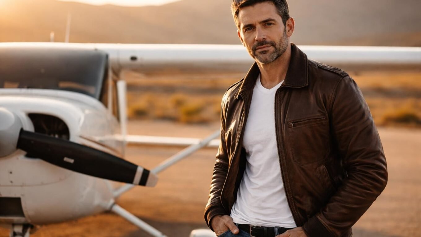 Handsome bush pilot in his late forties with dark hair graying at the temples, a short dark beard and blue eyes standing beside a small white propeller plane on a desert airstrip near Reno at golden hour