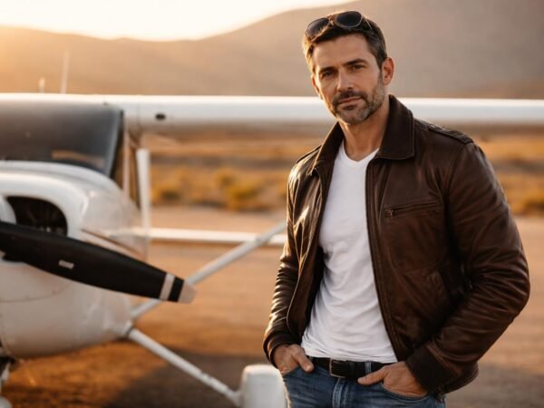 Handsome bush pilot in his late forties with dark hair graying at the temples, a short dark beard and blue eyes standing beside a small white propeller plane on a desert airstrip near Reno at golden hour