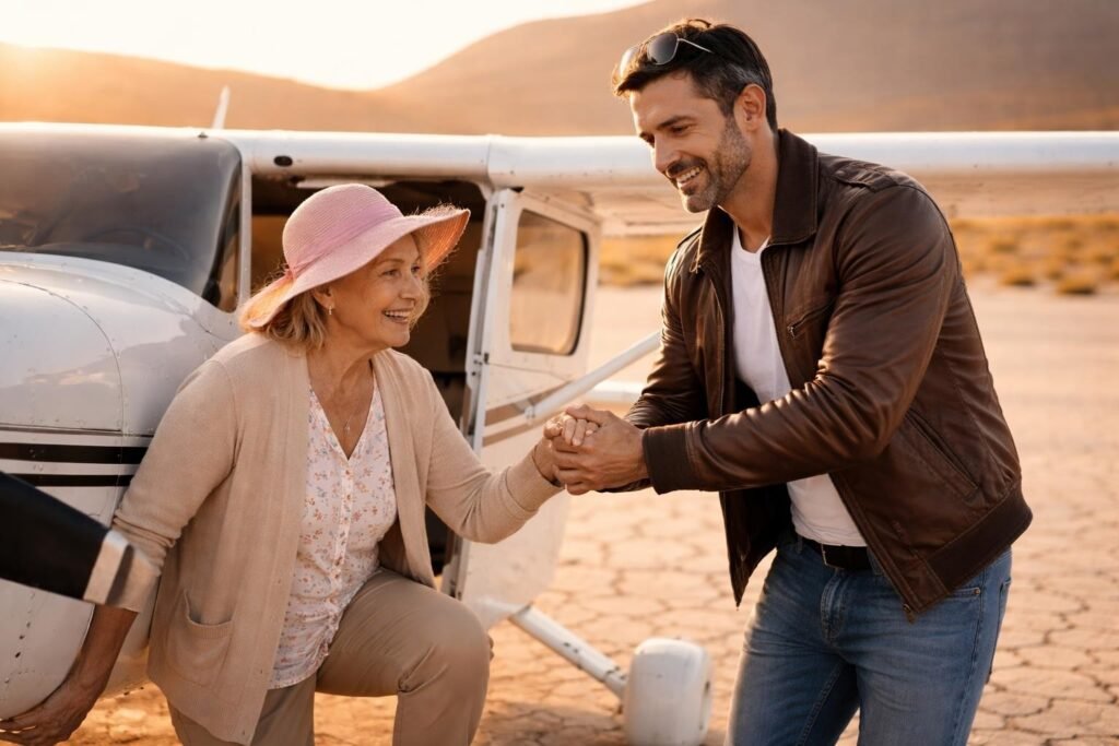 Small single-engine plane resting at an angle on a cracked white dry lakebed in the Nevada desert, the pilot helping an elderly woman out of the door