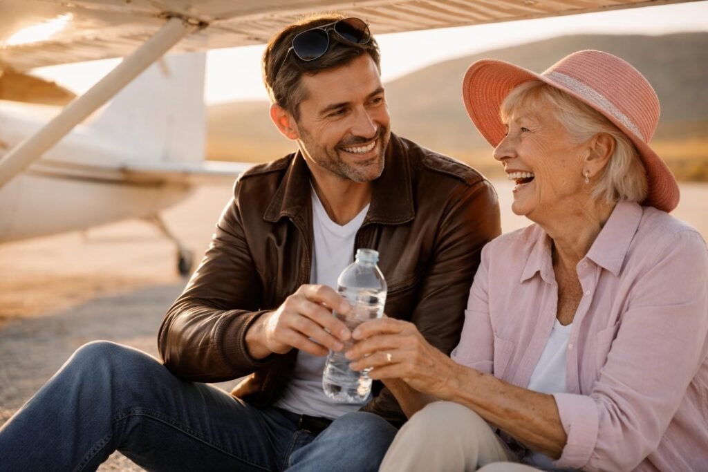 Pilot and an elderly woman in a sun hat sitting in the shade of the plane's wing on the desert floor, sharing a bottle of water