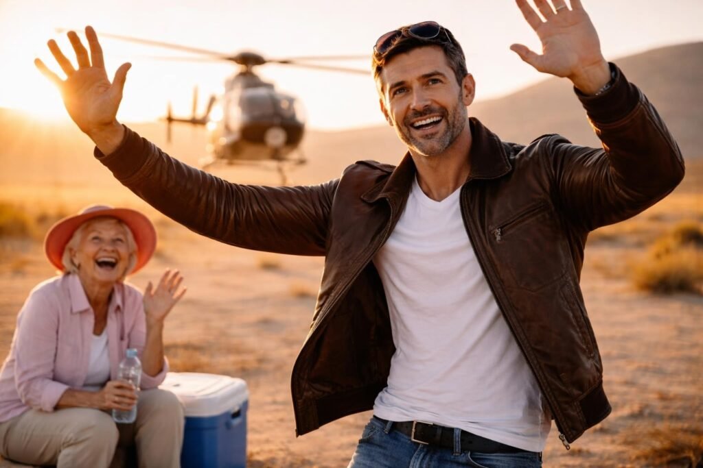 Pilot standing on the desert at sunrise waving his arms at a rescue helicopter, the elderly woman sitting on a cooler laughing