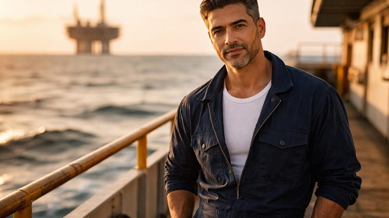 Handsome Latino offshore fire captain with salt-and-pepper stubble in a fire-resistant jumpsuit on the deck of a supply boat at golden hour in the Gulf of Mexico