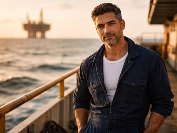 Handsome Latino offshore fire captain with salt-and-pepper stubble in a fire-resistant jumpsuit on the deck of a supply boat at golden hour in the Gulf of Mexico