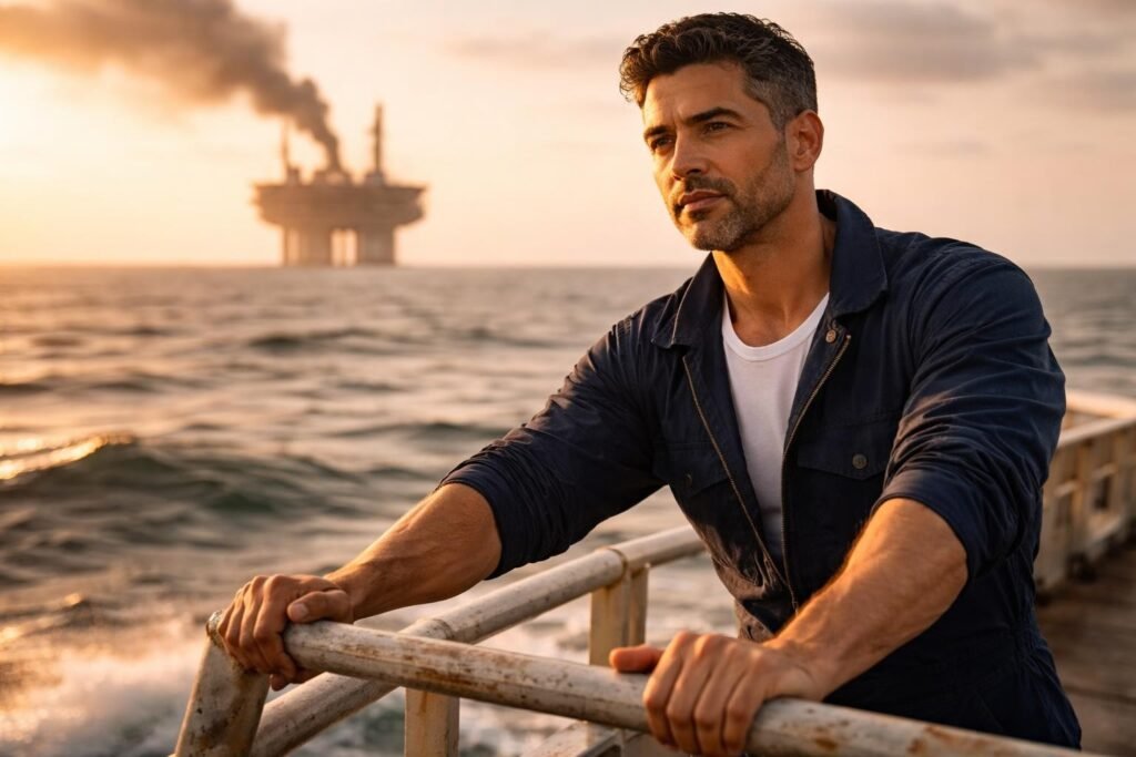 Offshore firefighter standing on the bow of a supply vessel looking at a distant oil platform with smoke on the horizon