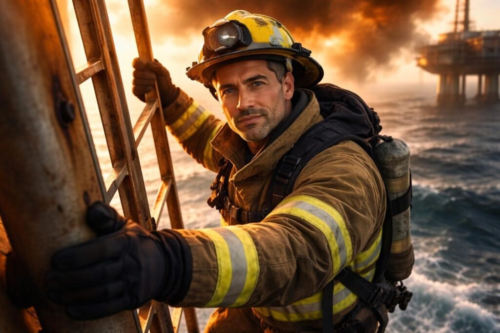 Firefighter in protective gear climbing a steel ladder under an offshore platform above dark water