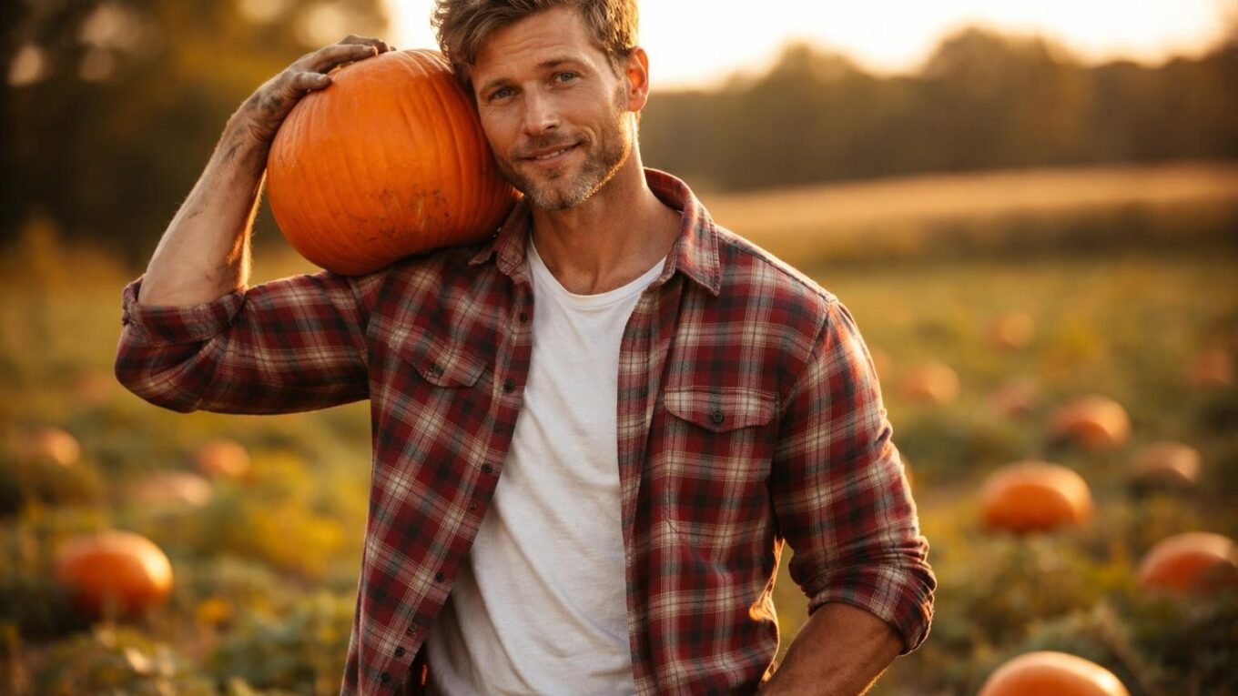 Handsome bachelor farmer in his mid forties with tousled light brown hair, a short beard and blue eyes holding a big orange pumpkin in a pumpkin field in Illinois at golden hour, flannel shirt with sleeves rolled up