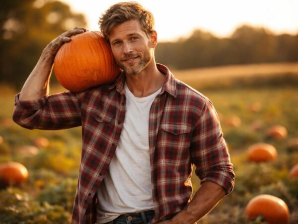 Handsome bachelor farmer in his mid forties with tousled light brown hair, a short beard and blue eyes holding a big orange pumpkin in a pumpkin field in Illinois at golden hour, flannel shirt with sleeves rolled up